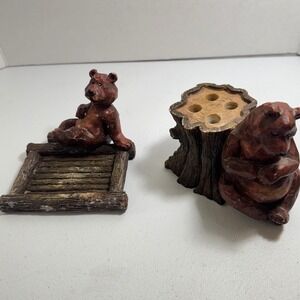 VTG Rustic wooden Bear Bathroom ART Toothbrush Soap holders Bear Tree Carved set